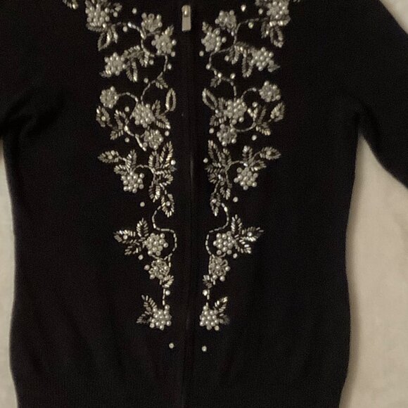 Michael Kors Women Medium Black Cardigan Sweater Beaded Floral Angora Cashmere - Picture 2 of 10